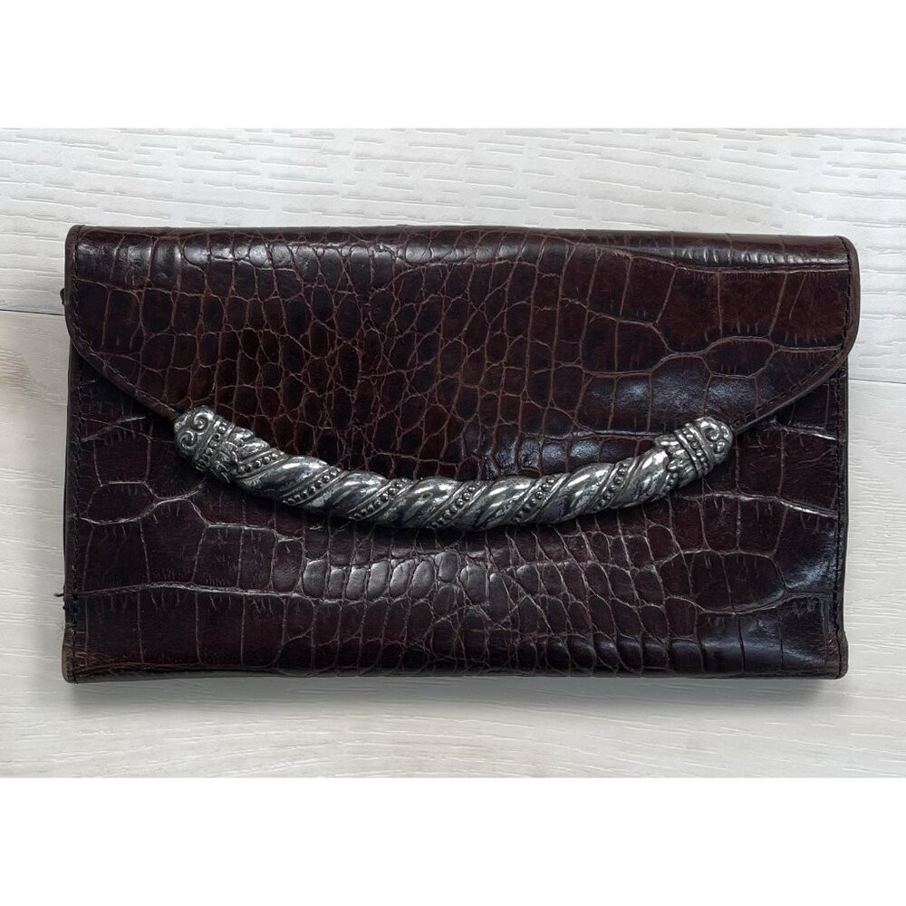 VTG BRIGHTON Brown Envelope Croc Reptile LEATHER WALLET Clutch Checkbook 7"x4"